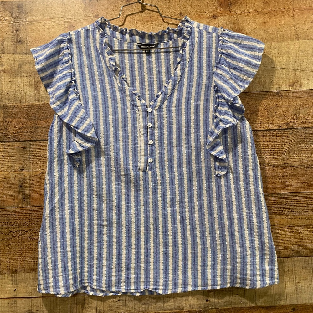 Unique Spectrum Blue and White Striped Cotton Ruffle Sleeve Summer Top Size 2XL